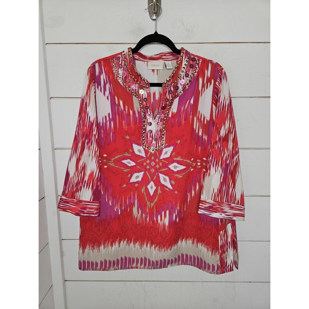 Chico's Large pink red & white beaded tunic. Gorgeous!